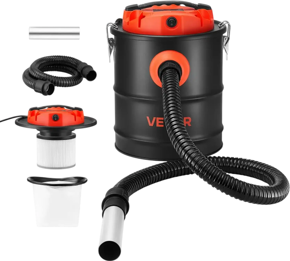 VEVOR Ash Vacuum 4 Gallon, 1200W Powerful Fireplace Cleaner Steel Body, for Fireplaces, Pellet Stoves, Wood Stoves, Fire Pits, Grills, Double Stage Filtration System, 4 FT Hose, Black & Orange