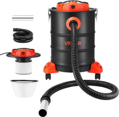 VEVOR Ash Vacuum 6 Gallon, 1200W Powerful Fireplace Cleaner with Casters, for Fireplaces, Pellet Stoves, Wood Stoves, Fire Pits, Grills, Steel Body, Double Stage Filtration, 5 FT Hose, Black & Orange