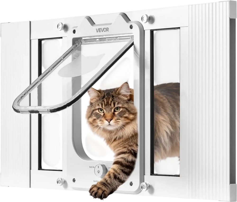 VEVOR Cat Door for Window, Adjustable to Fit Window Width 23"-28", 4 Secure Lock Modes, Aluminum Frame and High-Transparency Glass, Magnetic Closure, Weatherproof Quick-Fit Pet Door for Cats, White