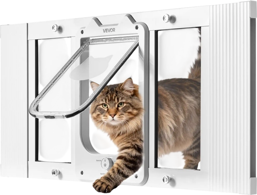 VEVOR Cat Door for Window, Adjustable to Fit Window Width 27"-32", 4 Secure Lock Modes, Aluminum Frame and High-Transparency Glass, Magnetic Closure, Weatherproof Quick-Fit Pet Door for Cats, White