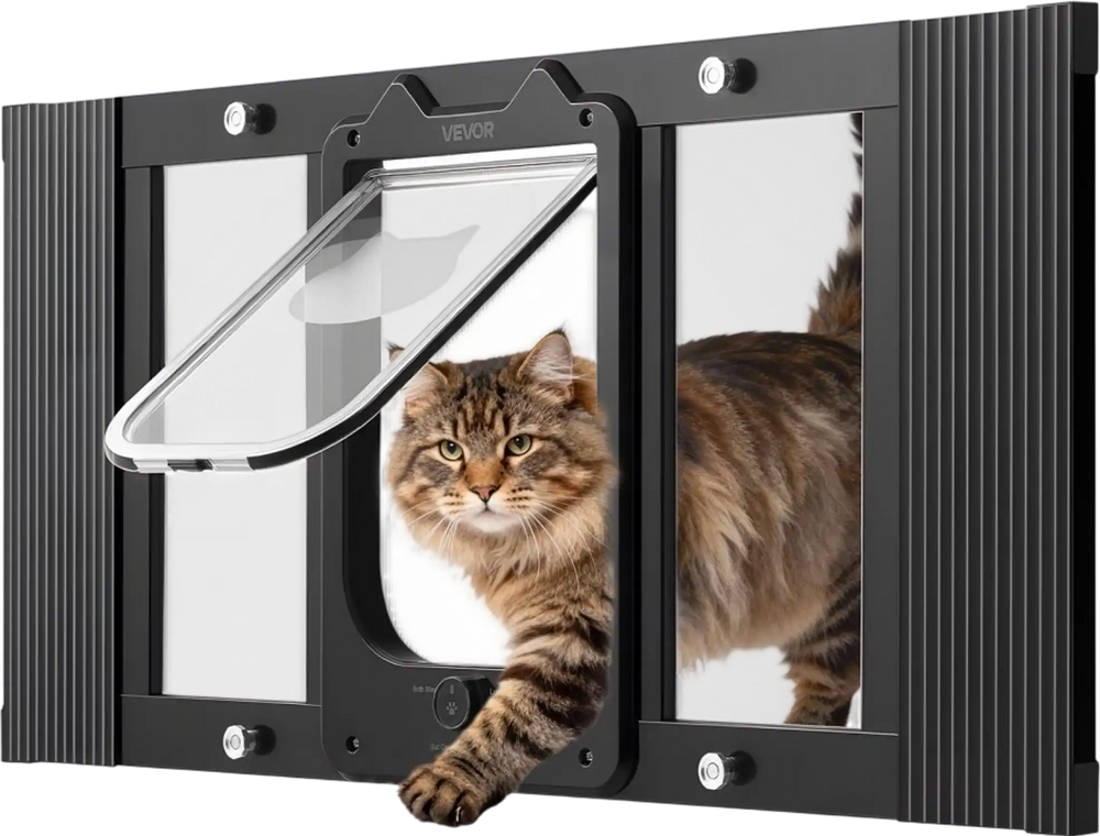 VEVOR Cat Door for Window, Adjustable to Fit Window Width 27"-32", 4 Secure Lock Modes, Aluminum Frame and High-Transparency Glass, Magnetic Closure, Weatherproof Quick-Fit Pet Door for Cats, Black