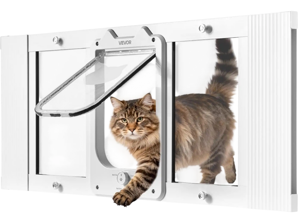 VEVOR Cat Door for Window, Adjustable to Fit Window Width 31"-36", 4 Secure Lock Modes, Aluminum Frame and High-Transparency Glass, Magnetic Closure, Weatherproof Quick-Fit Pet Door for Cats, White