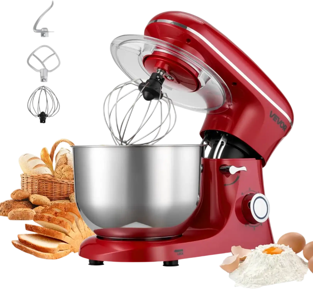 VEVOR Stand Mixer, 6 QT Electric Kitchen Mixer, 660W Dough-Mixer, 6 + Pulse Speeds Tilt-head Food-Mixer with Stainless Steel Bowl, Dough Hook, Whisk, Beater, for Baking, Mixing, Whipping & Kneading