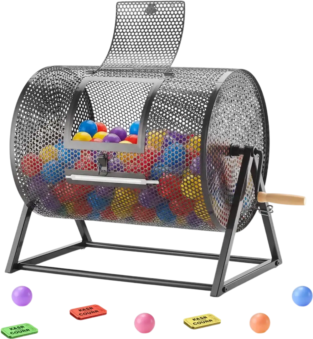 VEVOR Raffle Ticket Spinner, 16.1" x 11.9" Holds 5000 Tickets or 200 Ping Pong Balls, Raffle Drum Lottery Spinning Cage with Reinforced Handle, Stable Triangular Stand, for Events, Gatherings, Black