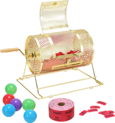 VEVOR Raffle Drum,Holds 2500 Tickets or 100 Ping Pong Balls, Metal Lottery Spinning Drawing with Wooden Turning Handle,11.6 x Ø7.48 inch Brass Plated Raffle Ticket Spinning Cage, for Bingo Ballot Pa