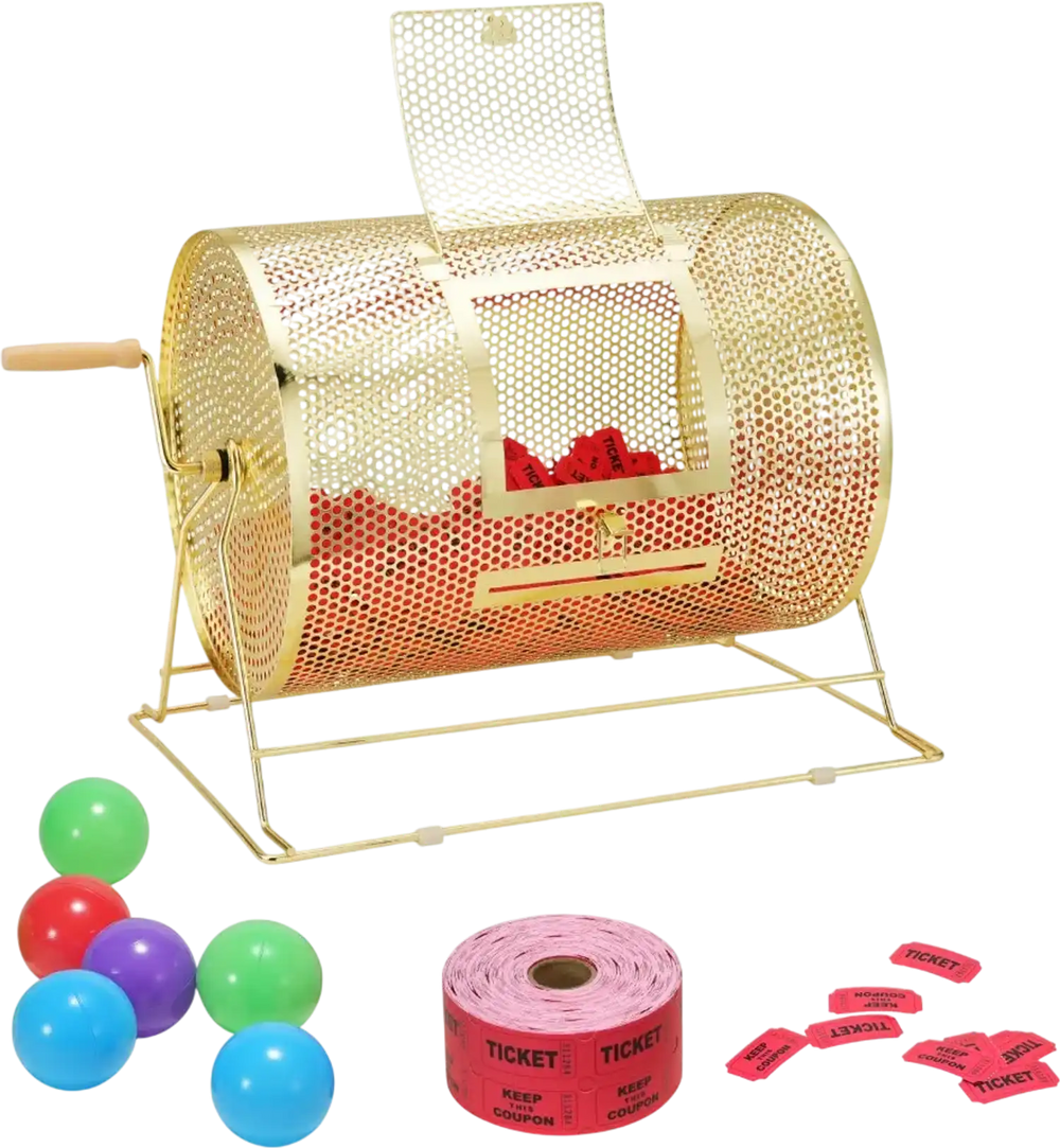 VEVOR Raffle Drum, Holds 5000 Tickets or 200 Ping Pong Balls, Metal Lottery Spinning Drawing with Wooden Turning Handle,16.1 x Ø12 inch Brass Plated Raffle Ticket Spinning Cage, for Bingo Ballot Part