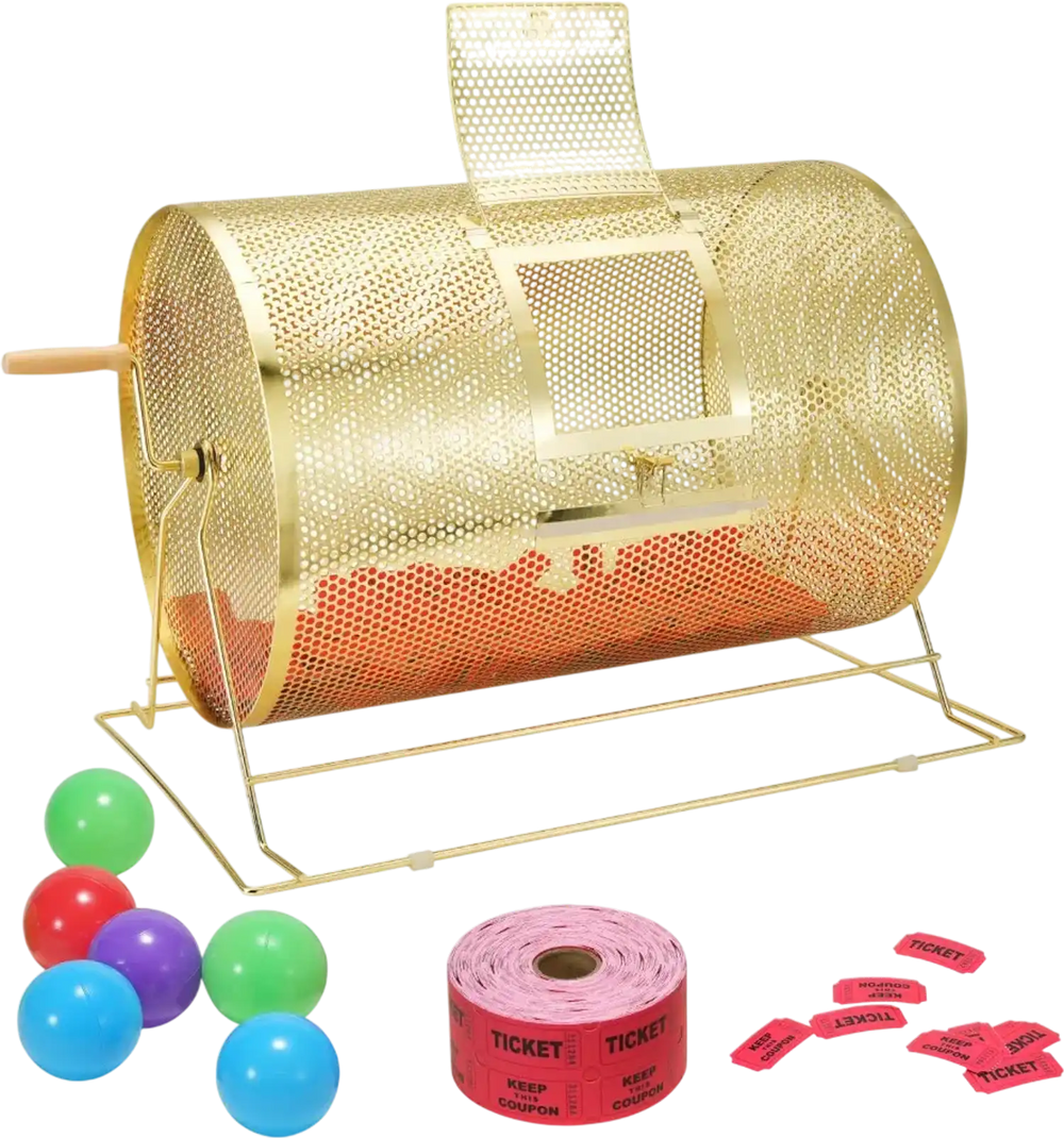 VEVOR Raffle Drum,Holds 10000 Tickets or 300 Ping Pong Balls, Metal Lottery Spinning Drawing with Wooden Turning Handle, 14.8 x Ø21.26 inch Brass Plated Raffle Ticket Spinning Cage, for Bingo Ballot