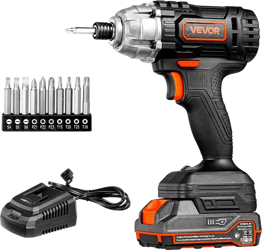 VEVOR Impact Driver, 1/4 Inch, 2800 RPM Max Speed, 20 V Powerful Motor, Electric Cordless Impact Driver Kit with Battery and Charger, 10 Bits, LED Work Light, for Furniture, Electrical, Home Repairs