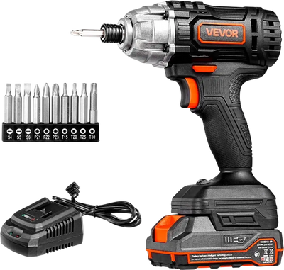 VEVOR Impact Driver, 1/4 Inch, 2800 RPM Max Speed, 20 V Powerful Motor, Electric Cordless Impact Driver Kit with Battery and Charger, 10 Bits, LED Work Light, for Furniture, Electrical, Home Repairs