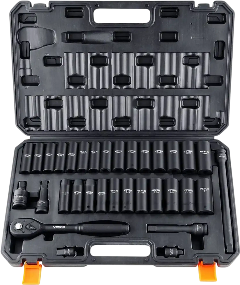 VEVOR 1/2" Drive Impact Socket Set, 33 Piece Socket Set SAE 3/8"-1" and Metric 10-24mm, 6 Point Cr-V Alloy Steel for Auto Repair, Easy-to-Read Size Markings, Rugged Construction, Includes Storage Case