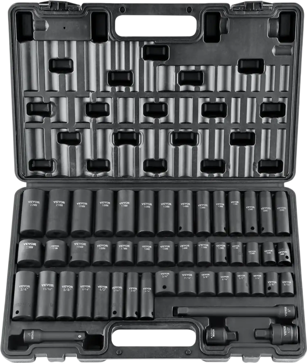 VEVOR 3/8" Drive Impact Socket Set, 48 Piece Socket Set SAE （5/16" -3/4"） & Metric （8-22mm）6 Point Cr-V Drive Extension Bar Universal Joint & Power Drill Adapter Includes Storage Case