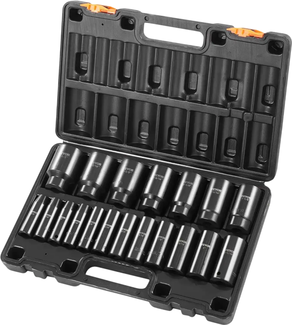 VEVOR Impact Socket Set, 1/2" 19 Piece Impact Sockets, Deep Socket, 6-Point Sockets, 1/2 Inches Drive Socket Set Impact 3/8 inch - 1-1/2 inch, Cr-V Rugged Construction, with a Storage Cage
