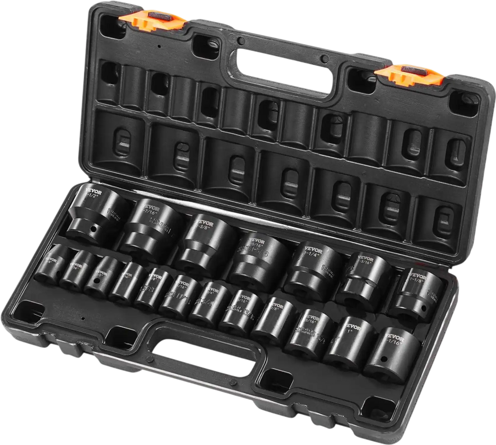 VEVOR Impact Socket Set 1/2 Inches 19 Piece Impact Sockets, Standard Socket Assortment, 1/2 Inches Drive Socket Set Impact Standard SAE (3/8 Inches to 1-1/2 Inches) 6-point Hex Sockets