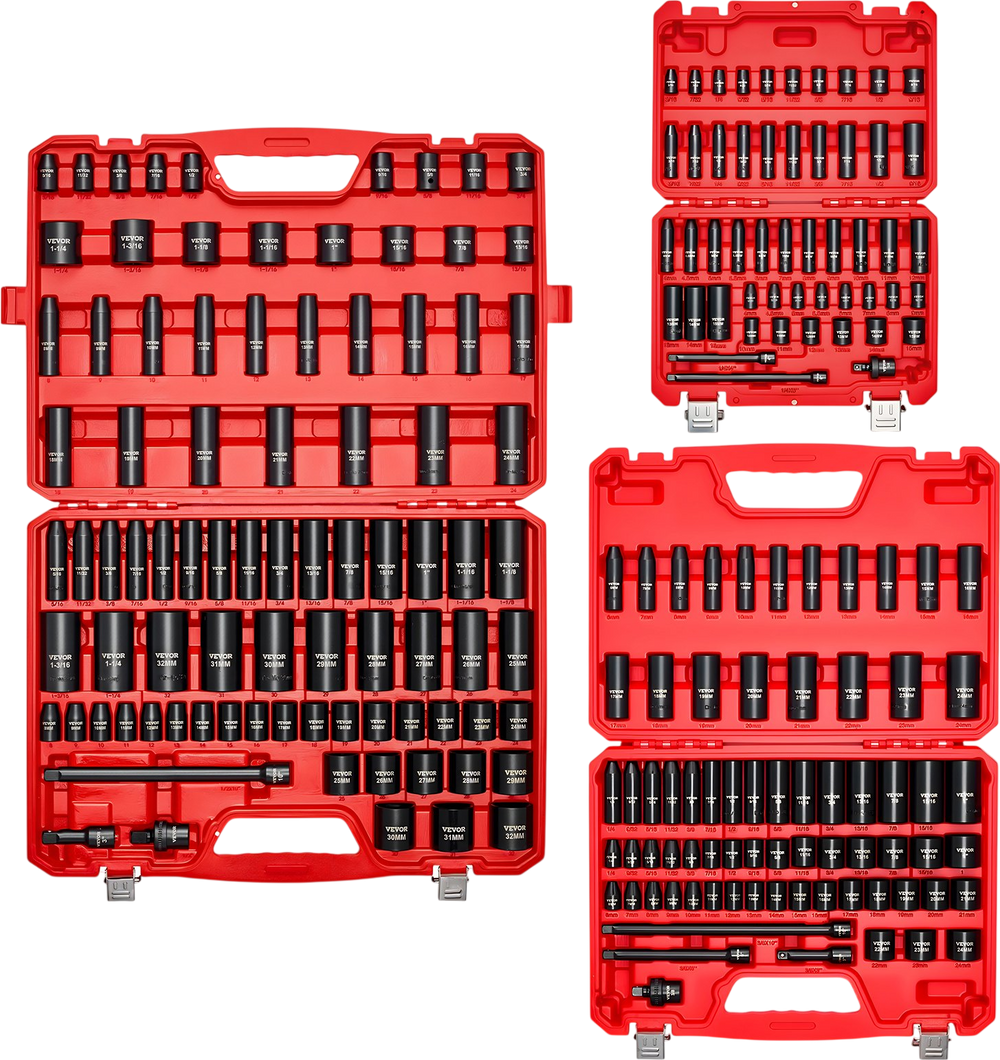 VEVOR 210 Piece Drive Impact Socket Set, 1/4, 3/8, 1/2 Inch, 6 Point Deep & Shallow Impact Sockets, SAE (3/16 to 1-1/4 in) and Metric (4 to 32 mm) Sizes with Extension Bars, Cr-V Steel, Carrying Case