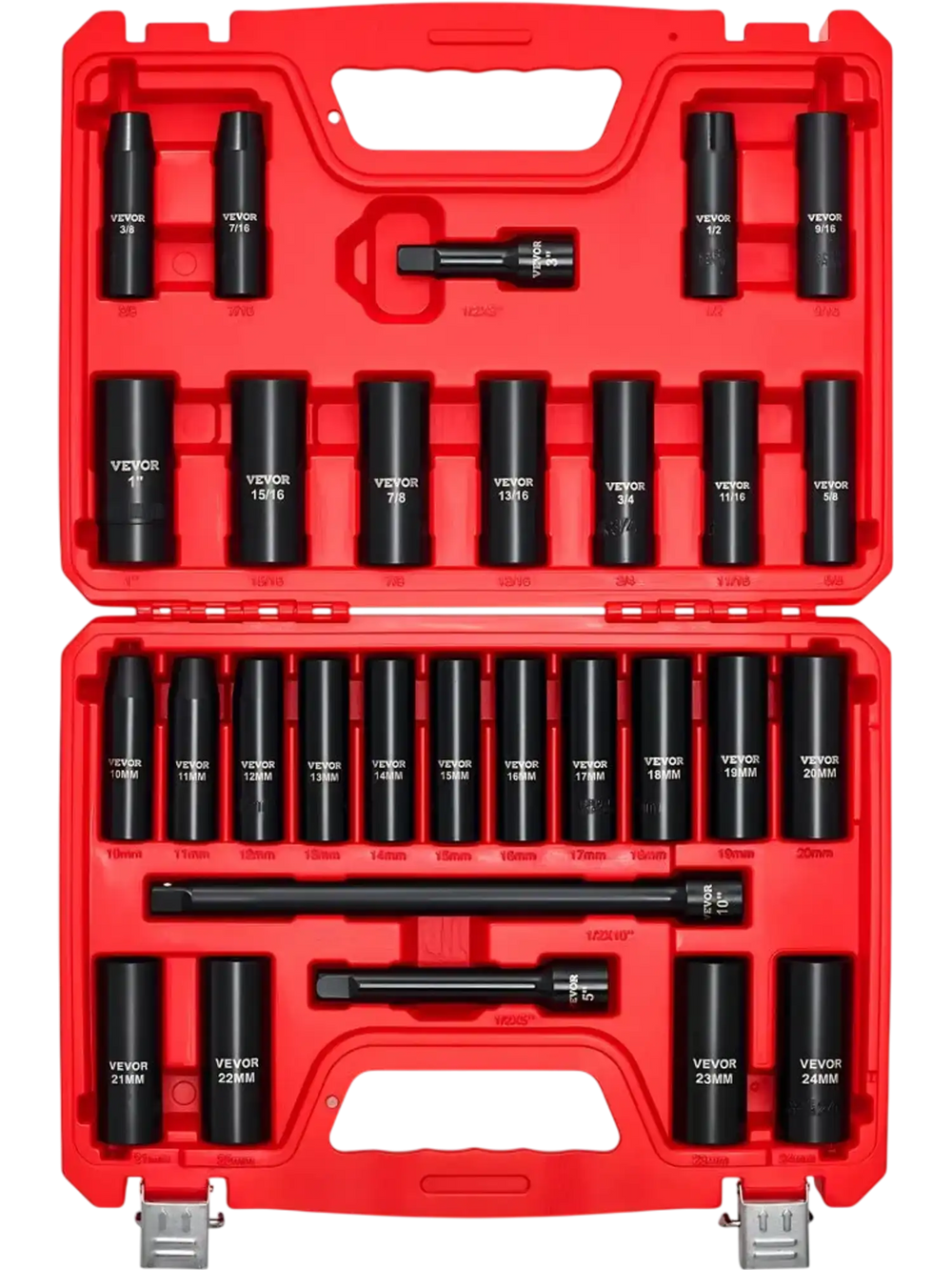 VEVOR 1/2 in Drive Impact Socket Set, 29 Piece, 6 Point Deep Impact Sockets, SAE (3/8 to 1 inch) and Metric (10 to 24 mm) Sizes with Extension Bars (3, 5, 10 in), Cr-V Steel, Heavy Duty Carrying Case