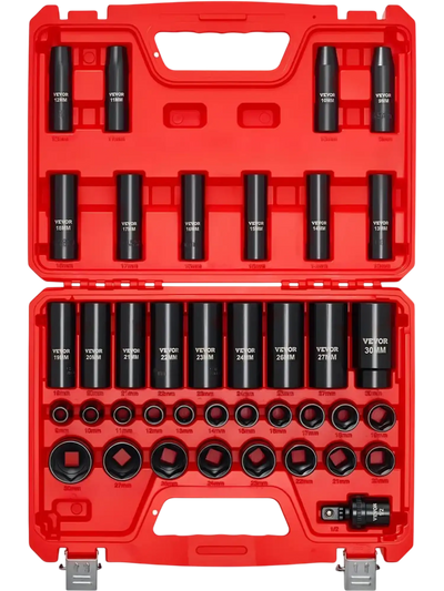 VEVOR 1/2 in Drive Impact Socket Set, 39 Piece, 6 Point Deep & Shallow Impact Sockets, Metric 9 to 30 mm, Cr-V Steel High Durability, with Universal Joint, Dual Size Markings, Heavy Duty Carrying Case