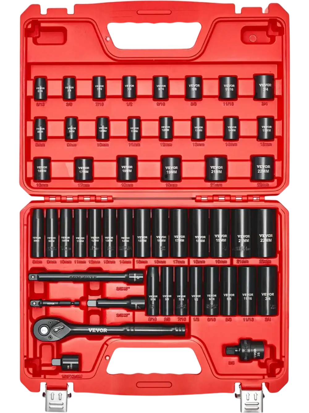 VEVOR 3/8 in Drive Impact Socket Set, 50 Piece, 6 Point Deep & Shallow Impact Sockets, SAE (5/16 in to 3/4 in) and Metric (8 to 22 mm) Sizes with 3 in & 6 in Extension Bars, Cr-V Steel, Carrying Case