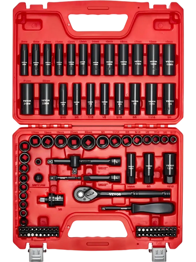 VEVOR 3/8 in Drive Impact Socket Set, 96 Piece, 6 Point Deep & Shallow Impact Sockets, SAE (5/16 in to 3/4 in) and Metric (8 to 22 mm) Sizes with 3 in & 6 in Extension Bars, Cr-V Steel, Carrying Case