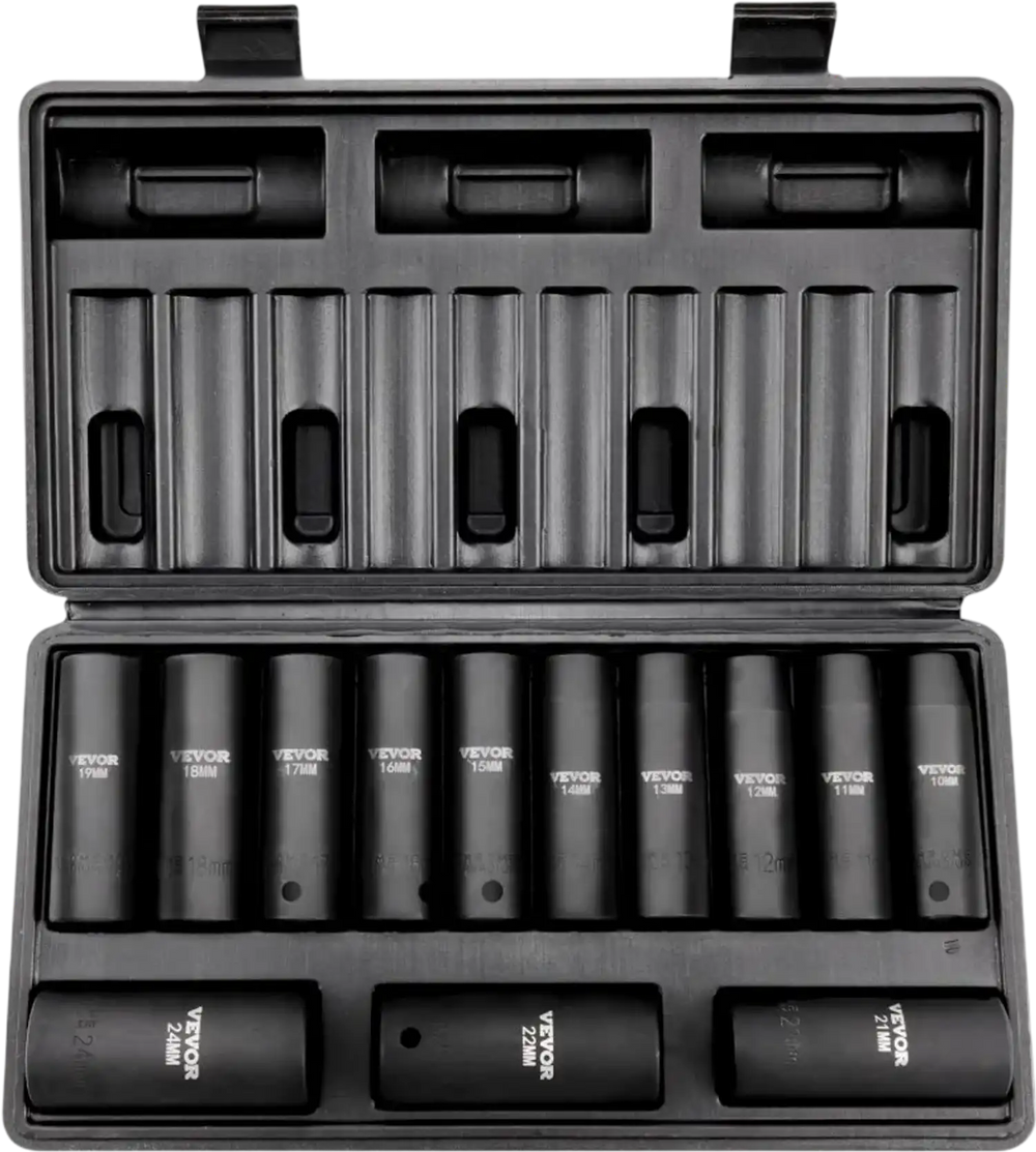 VEVOR 1/2" Drive Impact Socket Set, 13 Piece Deep Socket Set Metric 10-24mm, 6 Point CR-V Alloy Steel for Auto Repair, Easy-to-Read Size Markings, Rugged Construction, Includes Storage Case