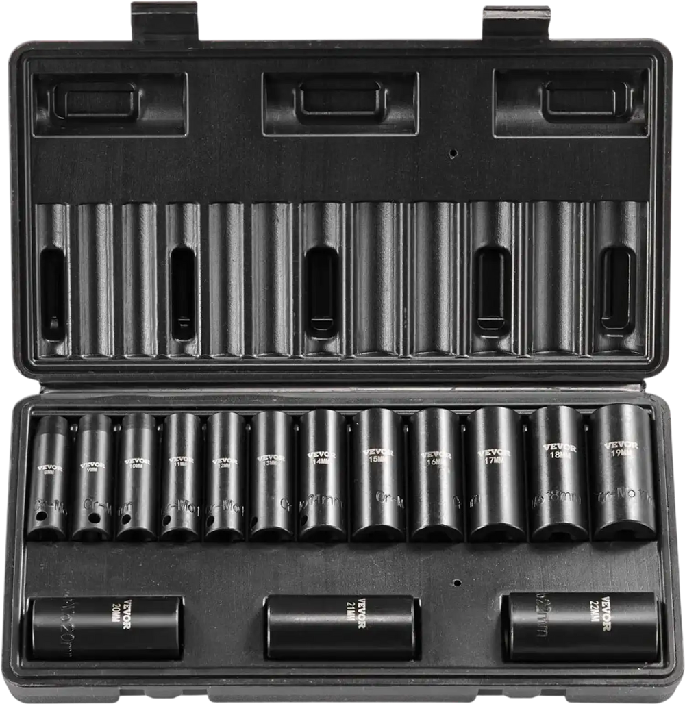 VEVOR 3/8" Drive Impact Socket Set, 15 Piece Deep Socket Set Metric 8-22mm, 6 Point Cr-Mo Alloy Steel for Auto Repair, Easy-to-Read Size Markings, Rugged Construction, Includes Storage Case