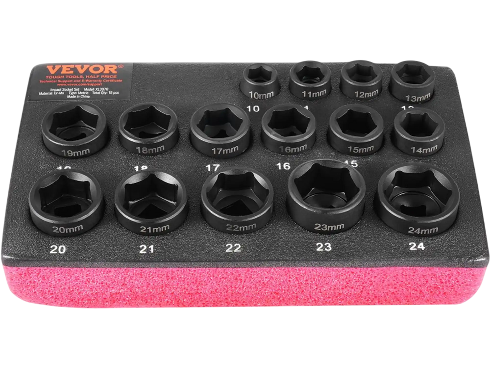VEVOR Drive Impact Socket Set 3/8"  - 15 Piece Ultra-Short Socket Set Metric 10-24mm - 6 Point Cr-Mo Alloy Steel for Auto Repair - Easy-to-Read Size Markings - Rugged Construction Socket Organizer