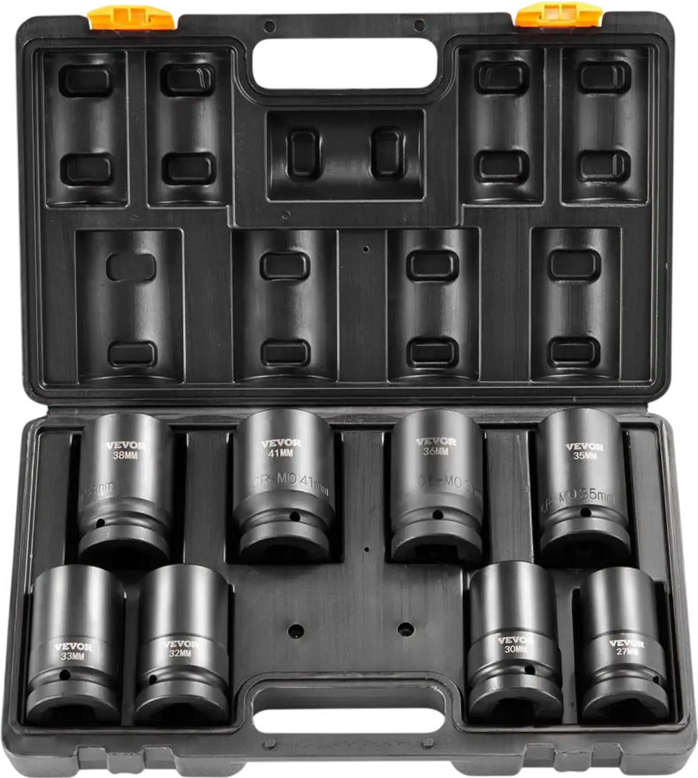 VEVOR 1" Drive Impact Socket Set, 8 Piece Deep Socket Set Metric 27-41mm, 6 Point Cr-Mo Alloy Steel for Auto Repair, Easy-to-Read Size Markings, Rugged Construction, Includes Storage Case