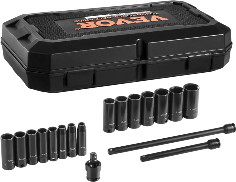 VEVOR Drive Impact Socket Set 3/8"  - 18 Piece Deep Socket Set Metric 8-22mm - 6 Point CR-V Alloy Steel for Auto Repair - Easy-to-Read Size Markings - Rugged Construction Includes Storage Case