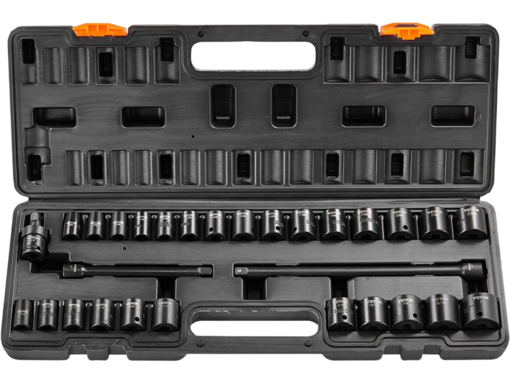 VEVOR 3/8" Drive Impact Socket Set, 29 Piece Shallow Socket Set SAE 3/8"-1" and Metric 8-22mm, 6 Point CR-V Alloy Steel for Auto Repair, Easy-to-Read Size Markings, Rugged Construction, Storage Case
