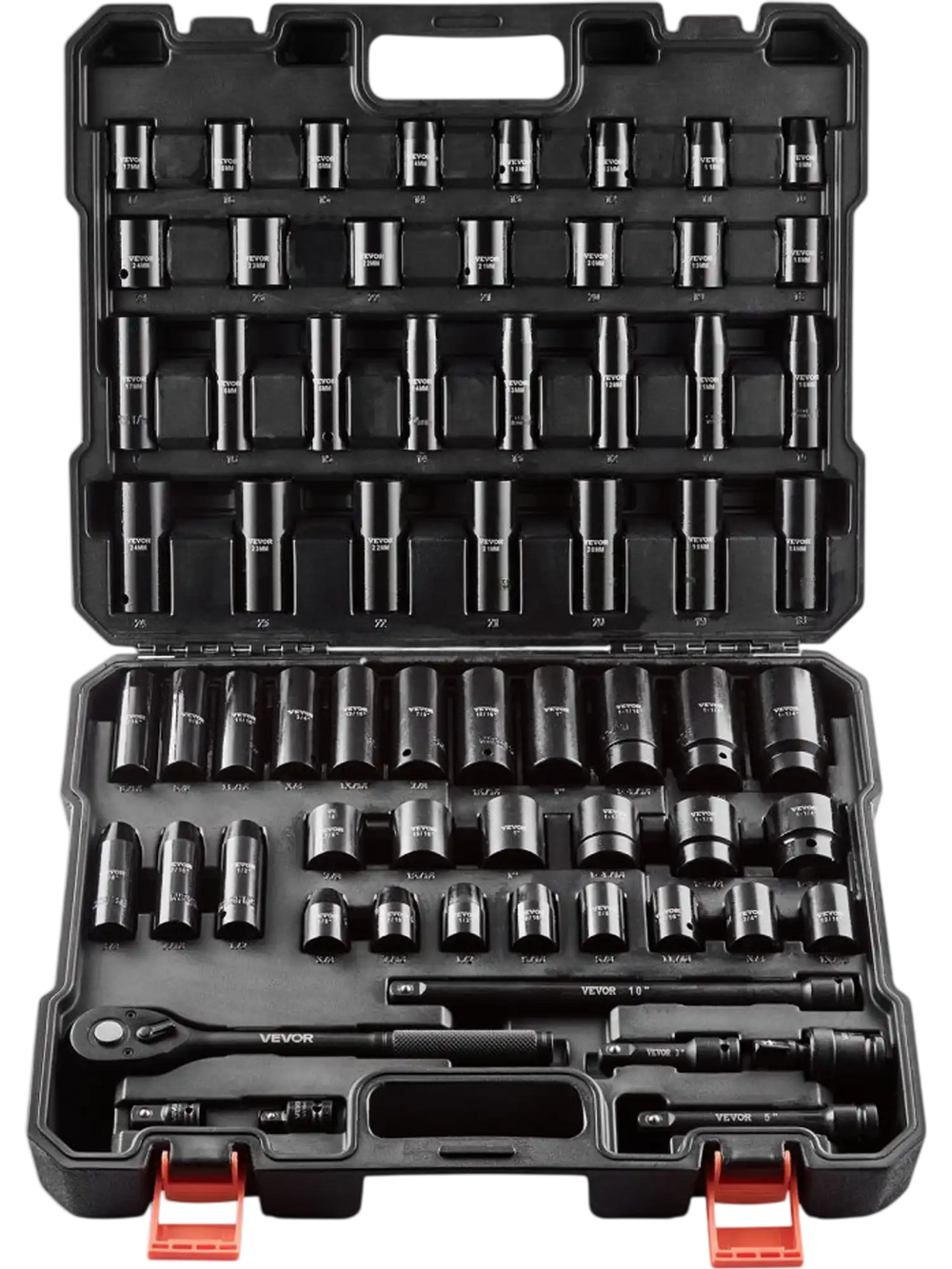 VEVOR Drive Impact Socket Set 1/2" - 65PCS Deep & Standard Socket Set SAE 3/8" to 1-1/4" and Metric 10-24mm, 6 Point CR-V & Cr-Mo Alloy Steel for Auto Repair - Easy-to-Read Size Markings, Storage Case