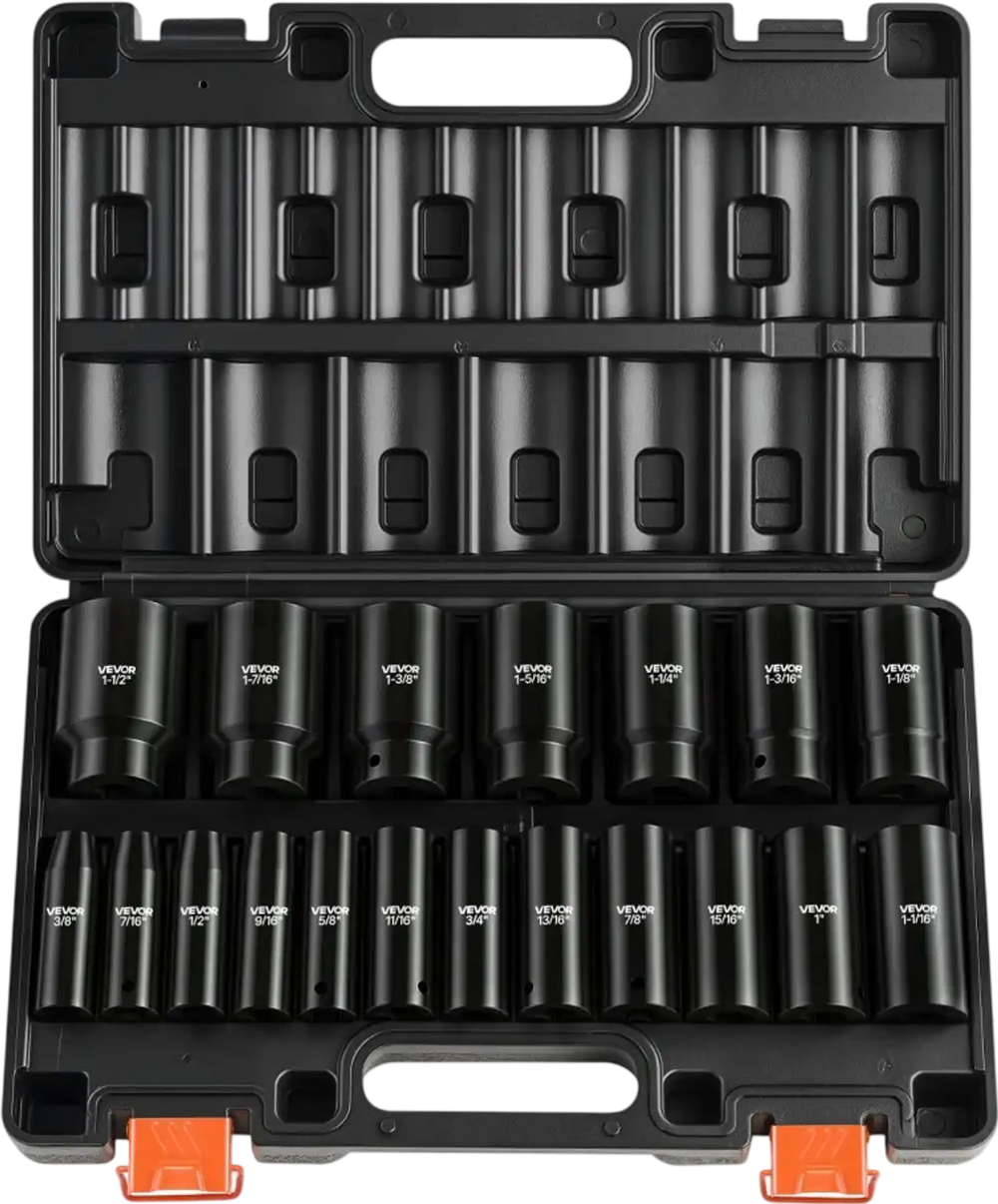 VEVOR Impact Socket Set, 1/2" 19 Piece Impact Sockets, Deep Socket, 6-Point Sockets, 1/2" Drive Set 3/8" to 1-1/2", Cr-V Rugged Construction, Easy to Identify, with a Sturdy Storage Case, for Vehicles