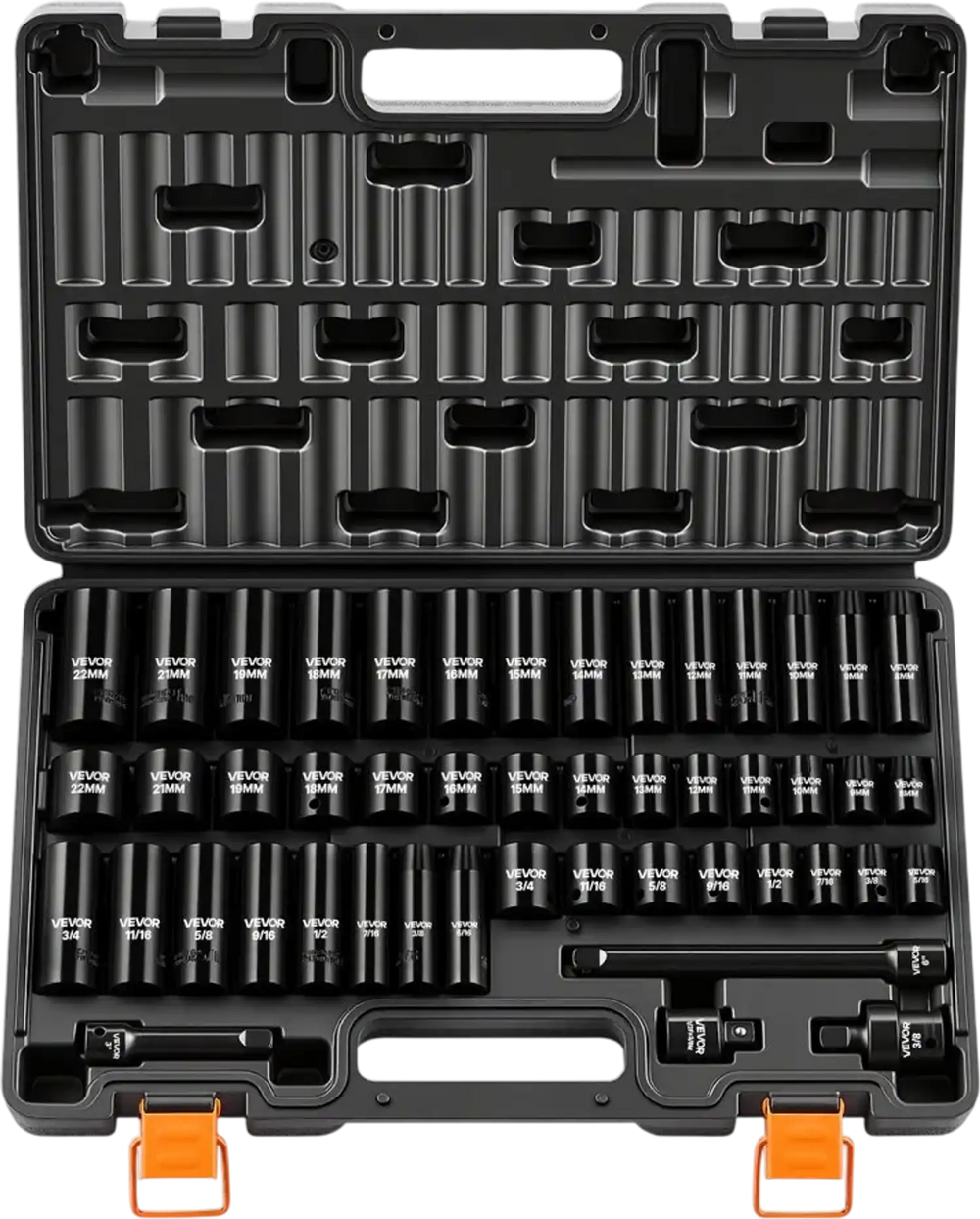 VEVOR Impact Socket Set, 3/8" Drive, 48-Piece Socket Set, 6-Point Sockets, SAE 5/16"-3/4" and Metric 8-19 mm, 21-22 mm, Easy to Identify, Cr-V Alloy Steel, Extension Bar, Adapter and Storage Cage