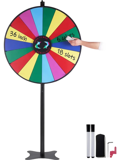 VEVOR 36 inch Spinning Prize Wheel, 18 Slots Spinning Wheel, Roulette Wheel with a Dry Erase and 2 Markers, Tabletop or Floor Standing Win Fortune Spin Games in Party Pub Trade Show Carnival