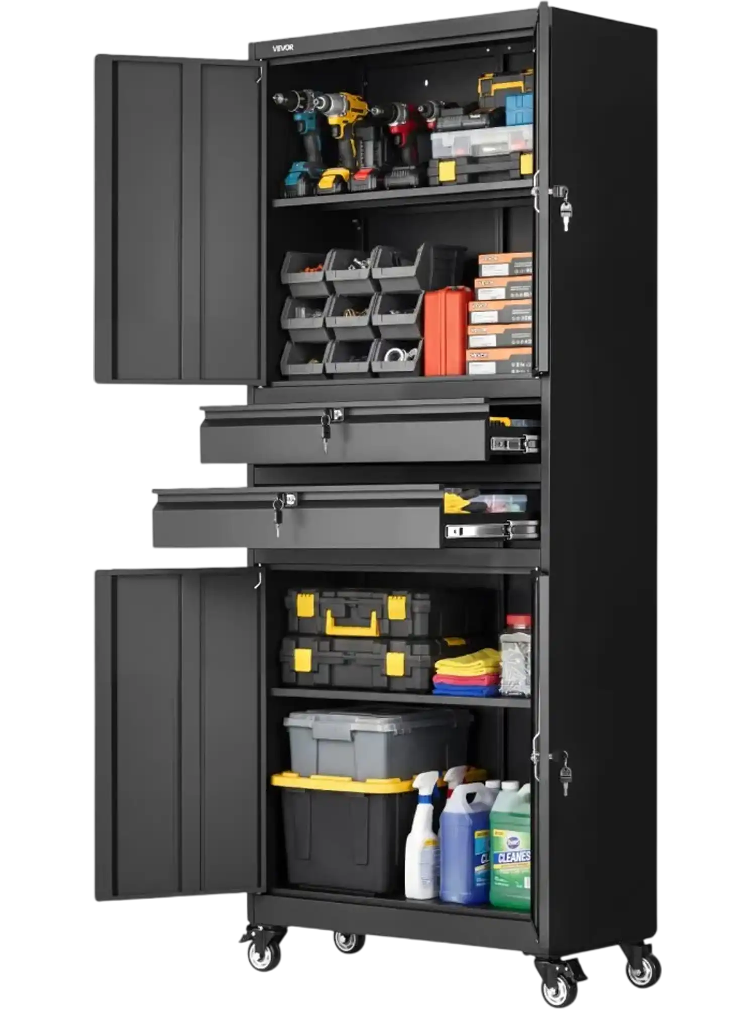Vevor Storage Cabinet Rolling Metal Garage Tool Cabinet with 4 Locking Doors, 2 Drawers, and Adjustable Shelves 75