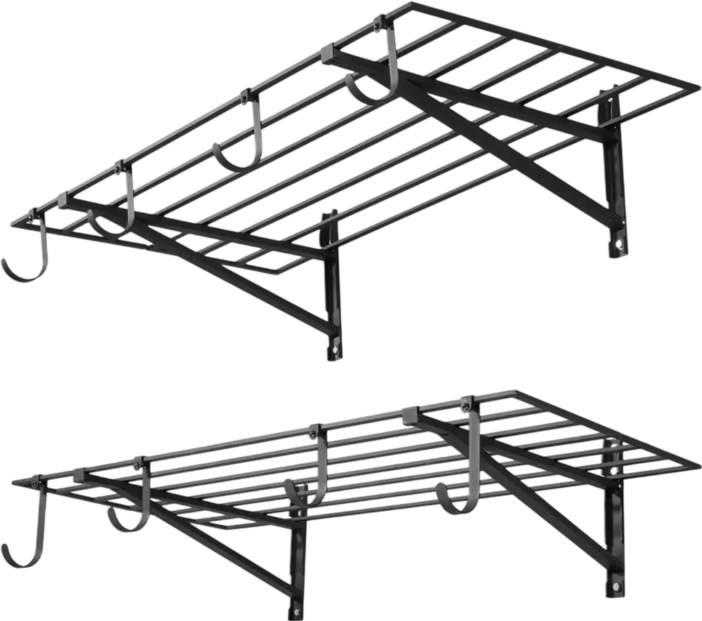 VEVOR 2-Tier Heavy Duty Wall Garage Shelving, 2 x 4 ft Steel Wall Mounted Shelving Unit with Hooks, 24 x 48 Inch Per Shelf Floating Storage Metal Rack for Garage, 520 lbs Total Weight Capacity, Black