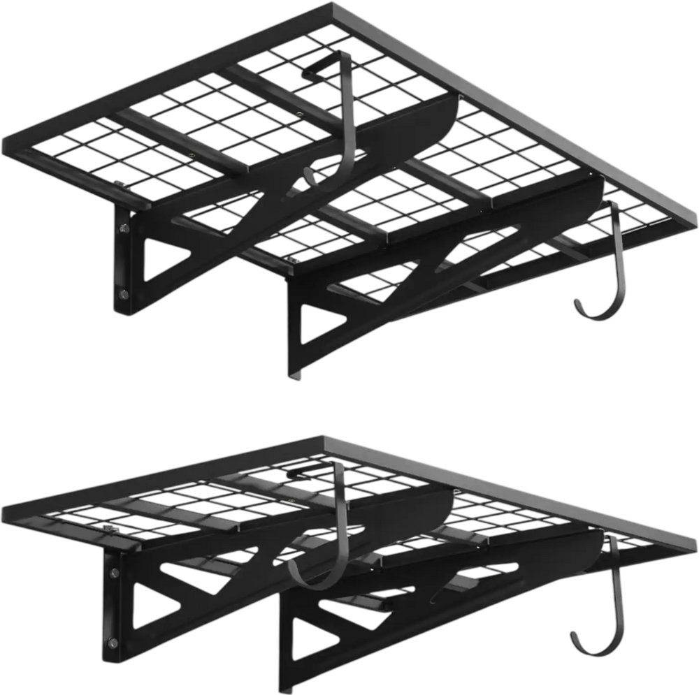 VEVOR 2-Tier Heavy Duty Wall Garage Shelving, 2 x 3 ft Steel Wall Mounted Shelving Unit with Hooks, 24 x 36 Inch Per Shelf Floating Storage Metal Rack for Garage, 500 lbs Total Weight Capacity, Black
