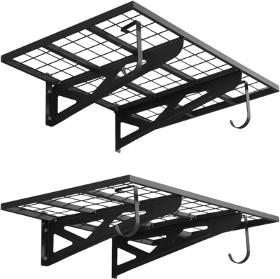 VEVOR 2-Tier Heavy Duty Wall Garage Shelving, 2 x 3 ft Steel Wall Mounted Shelving Unit with Hooks, 24 x 36 Inch Per Shelf Floating Storage Metal Rack for Garage, 500 lbs Total Weight Capacity, Black