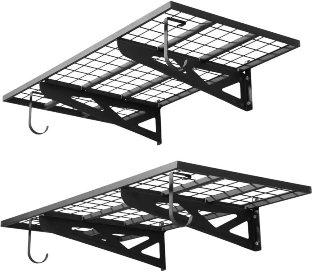 VEVOR 2-Tier Heavy Duty Wall Garage Shelving, 2 x 4 ft Steel Wall Mounted Shelving Unit with Hooks, 24 x 48 Inch Per Shelf Floating Storage Metal Rack for Garage, 500 lbs Total Weight Capacity, Black