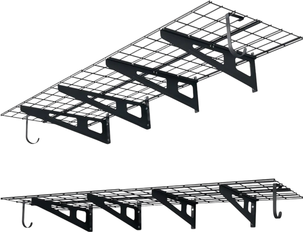 VEVOR 2-Tier Heavy Duty Wall Garage Shelving, 8 Pack 1 x 3 ft Steel Wall Mounted Shelving Unit with Hooks, 24 x 72 Inch Per Shelf Floating Storage Metal Rack, 1000 lbs Total Weight Capacity, Black