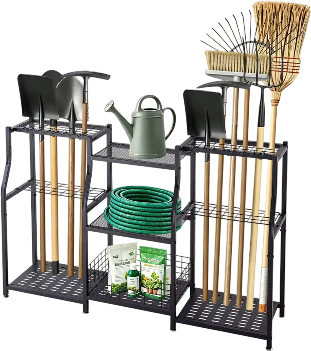 VEVOR Garden Tool Organizer, 3-Tier High-Capacity Metal Garage Storage Rack, for Rakes/Shovels/Brooms, Yard Utility Tool Holder for Shed/Outdoor/Lawn Organization, Heavy-Duty Steel, with Hooks, Black