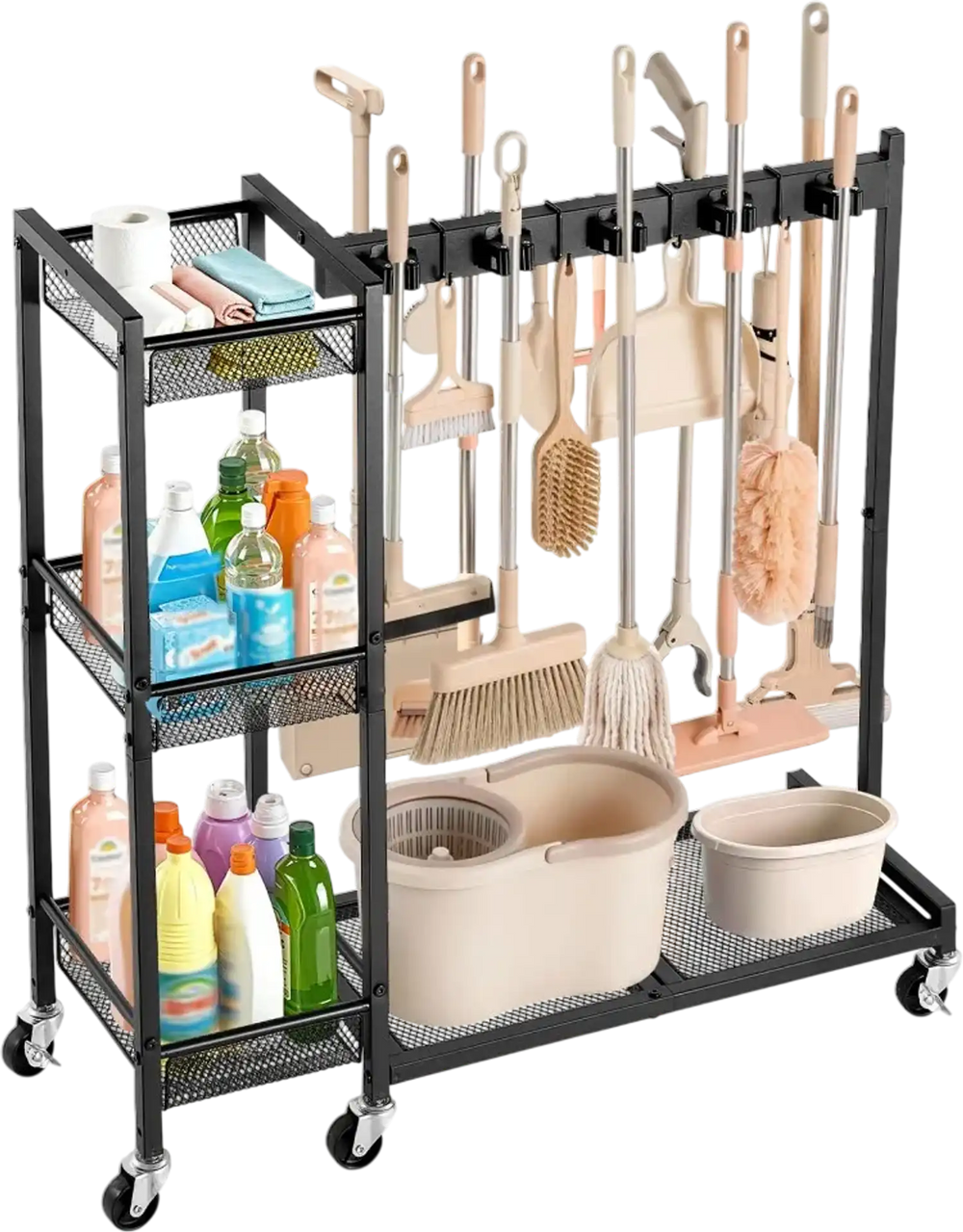 VEVOR Broom Holder with Cleaning Supplies Organizer, Garage Storage Metal, Cleaning Cart with Mop Hanger, for Home Brooms, Detergent, Brushes, Heavy-Duty Steel Utility Tool Holder, with Wheels, Black
