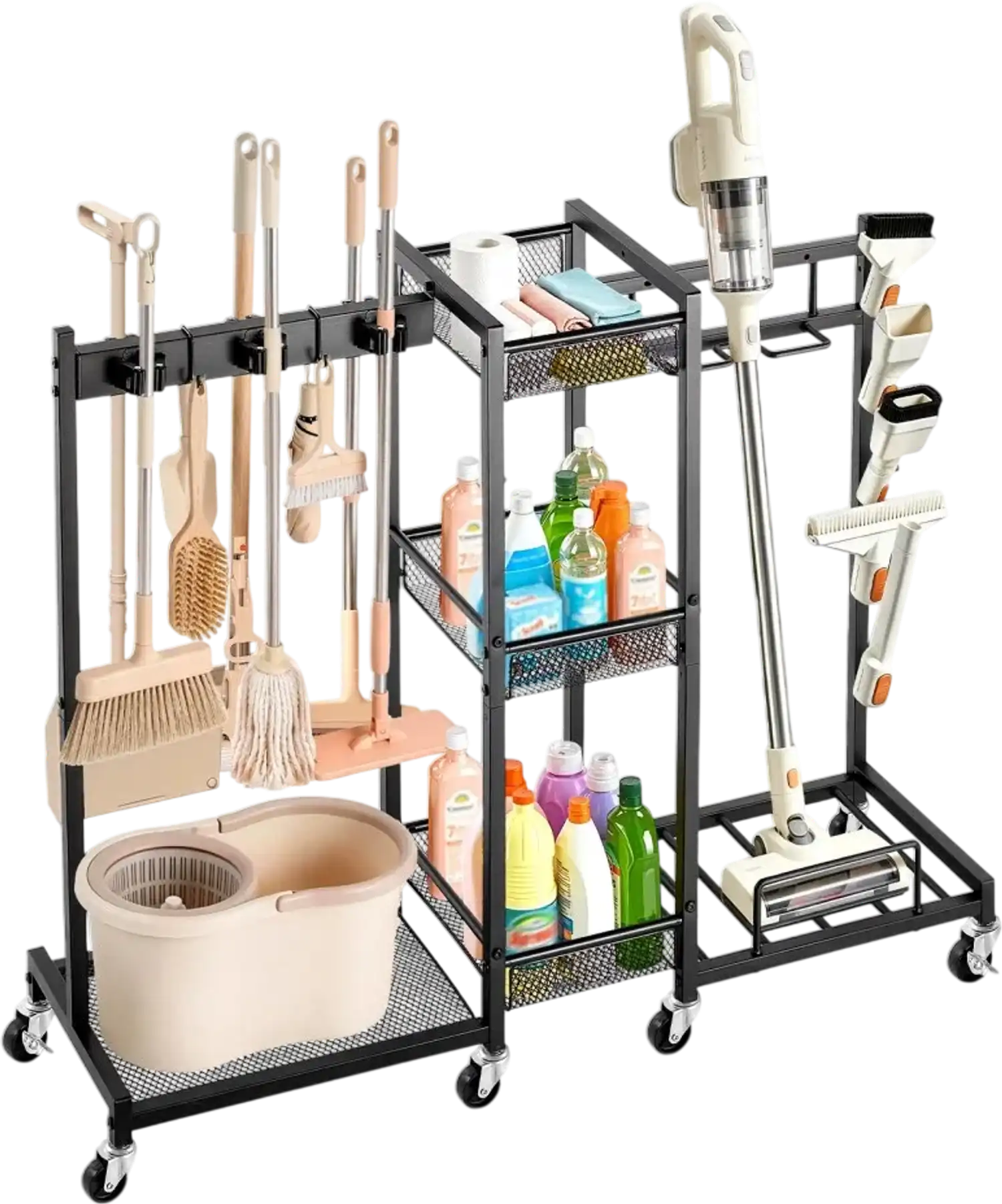 Vevor Broom Holder Cleaning Supplies Organizer Utility Storage Cart New