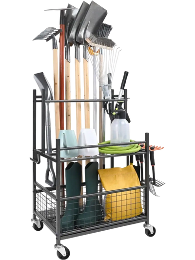 VEVOR Garden Tool Organizer, 16 Slots with Hooks, Yard Tool Tower Rack with Wheels for Garage Organization and Storage, Hold Long-Handled Tool/Rake/Broom, Metal Tool Stand Holder for Shed, Outdoor