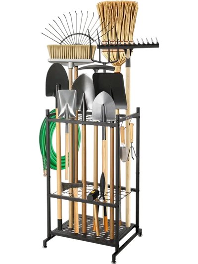 VEVOR Garden Tool Organizer, 35 Slots with Hooks, Metal Garage Storage Rack, for Rakes/Shovels/Brooms, Yard Utility Tool Holder for Shed/Outdoor/Lawn Organization, Heavy-Duty Steel, Freestanding,Black