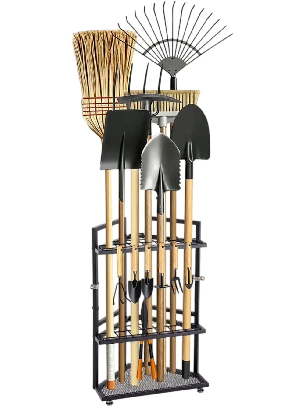 VEVOR Garden Tool Organizer for Corner, 17 Slots, Metal Garage Storage Rack, for Rakes/Shovels/Brooms, Yard Utility Tool Holder for Shed/Outdoor/Lawn Organization, Heavy-Duty Steel, with Hooks, Black