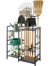 VEVOR Garden Tool Organizer with Guard Rail, 3-Tier Metal Storage Rack, for Rakes/Shovels/Brooms, Yard Utility Holder for Garage/Shed/Outdoor/Lawn Organization, Heavy-Duty Steel, with Hooks, Black