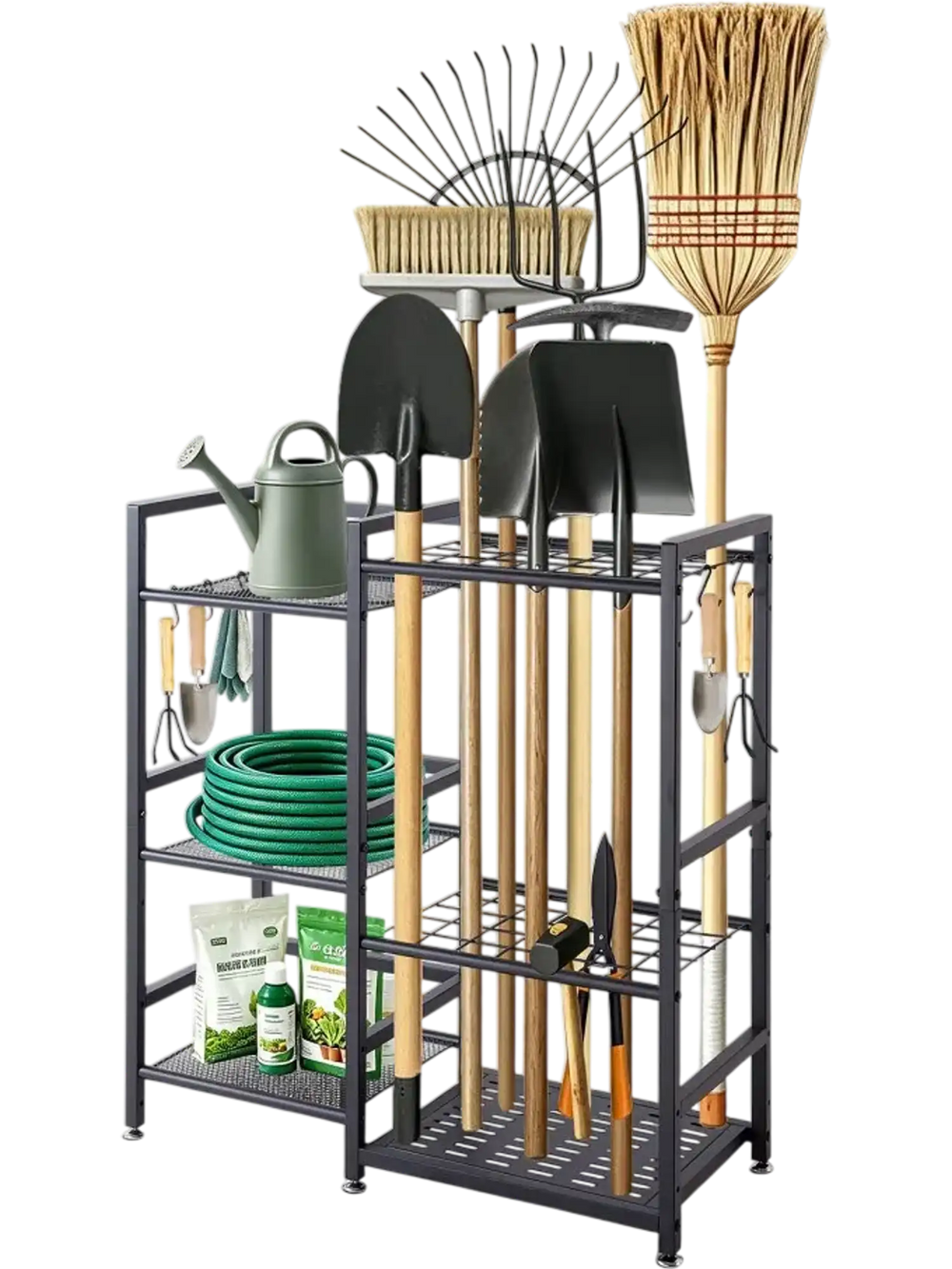 VEVOR Garden Tool Organizer with Guard Rail, 3-Tier Metal Storage Rack, for Rakes/Shovels/Brooms, Yard Utility Holder for Garage/Shed/Outdoor/Lawn Organization, Heavy-Duty Steel, with Hooks, Black