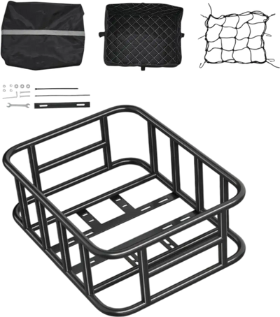 VEVOR Rear Bike Basket, Medium Bicycle Basket with Cargo Net, Liner & Waterproof Cover, Heavy Duty Bike Back Basket for Adult Women/Men Carrying Dogs, Pets, Fruit & Grocery, Mounting Tools Included