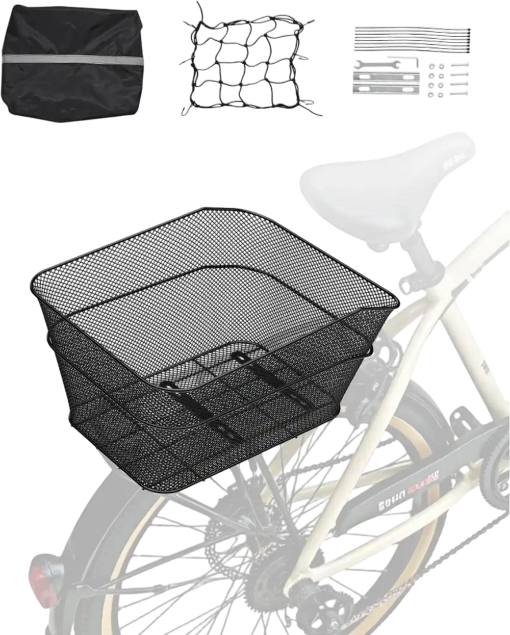 VEVOR Rear Bike Basket, Wire Mesh Bicycle Basket with Cargo Net & Waterproof Cover, Durable Metal Bike Back Basket, Fits Most Rear Bike Racks, Mounting Tools Included