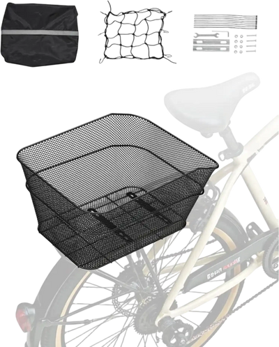VEVOR Rear Bike Basket, Wire Mesh Bicycle Basket with Cargo Net & Waterproof Cover, Durable Metal Bike Back Basket, Fits Most Rear Bike Racks, Mounting Tools Included