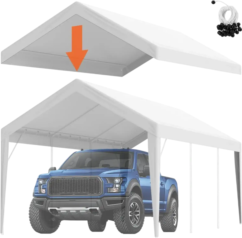 VEVOR Carport Replacement Canopy Cover 10 x 20 ft, Garage Top Tent Shelter Tarp Heavy-Duty Waterproof & UV Protected, Easy Installation with Ball Bungees,White (Only Top Cover, Frame Not Include)